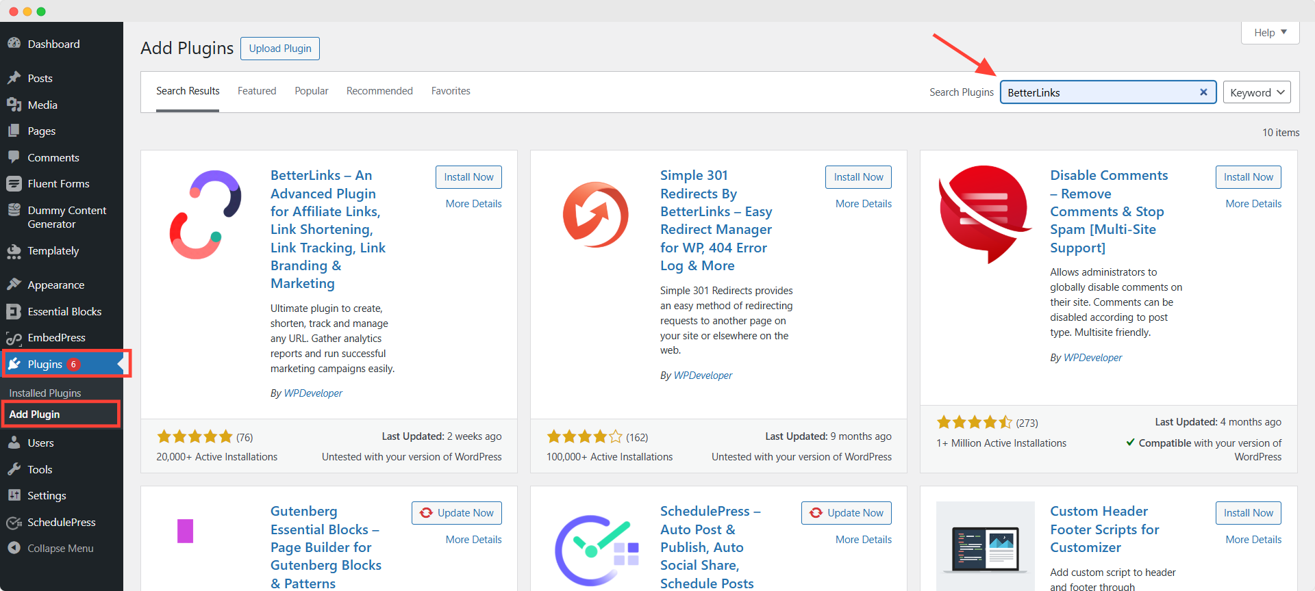 search for betterlinks plugin