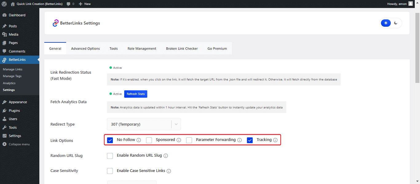 select the suitable link options from BetterLinks general settings