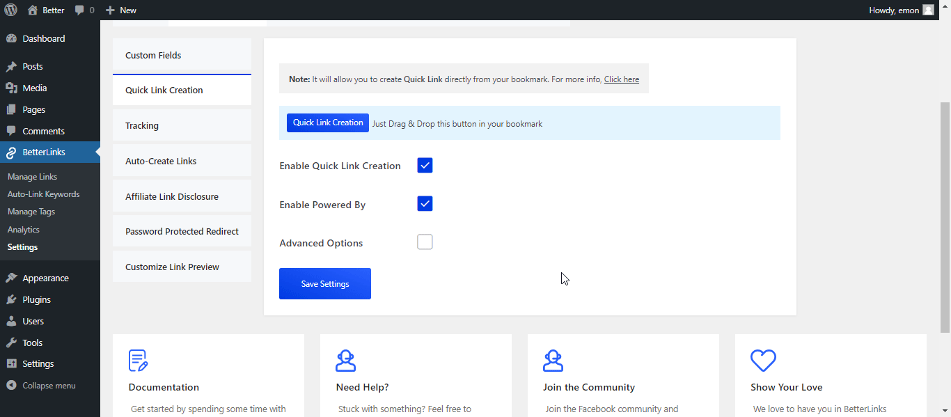 set advanced options for quick links on BetterLinks