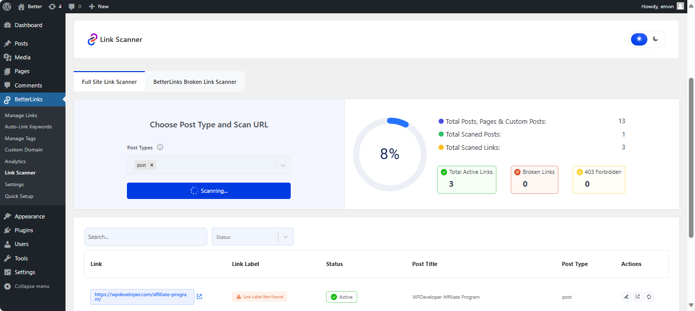 Full site link scanner dashboard in BetterLinks