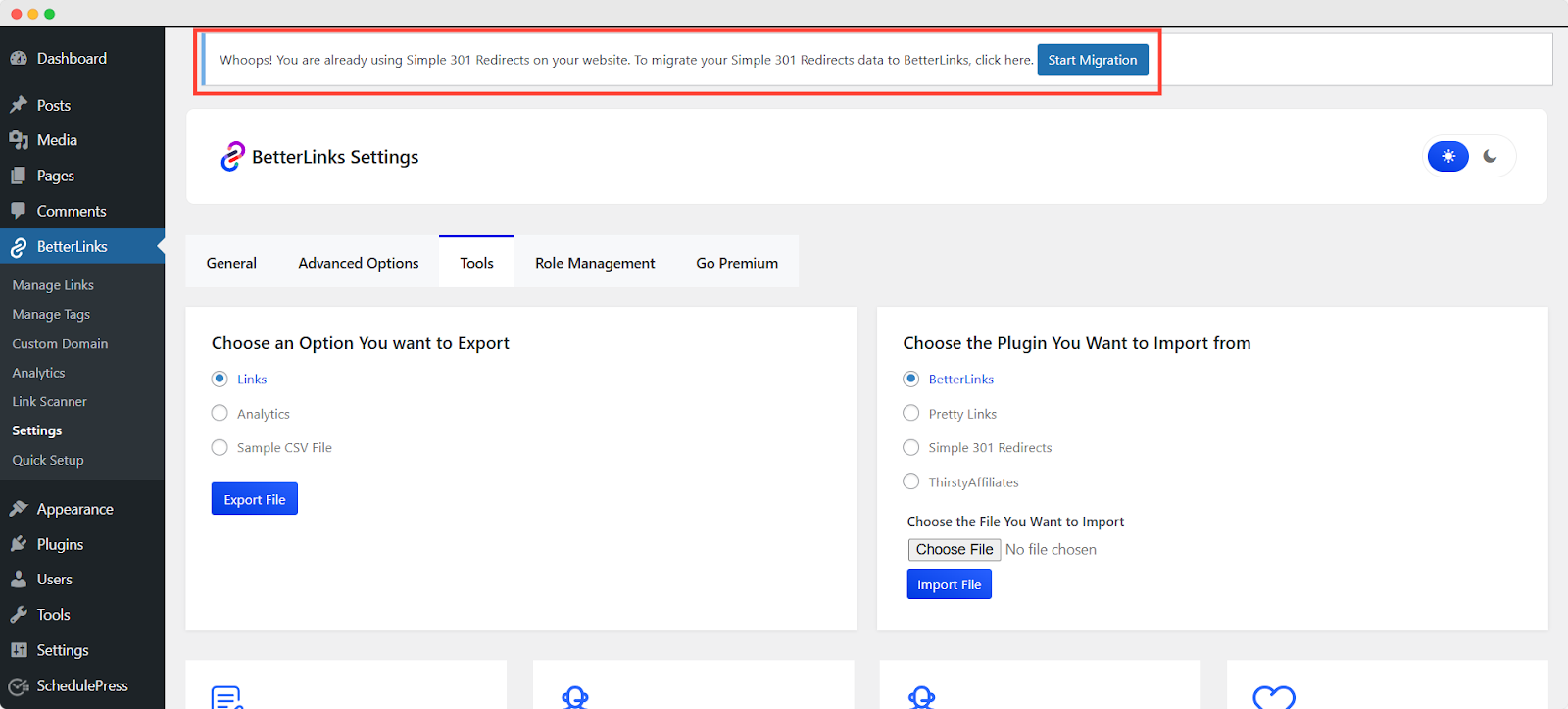 Import Simple 301 Redirects Links To BetterLinks