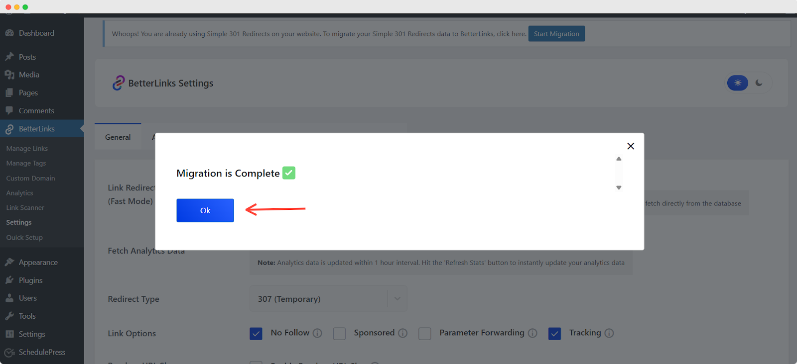 Migration Completed From Import Simple 301 Redirects Links To BetterLinks