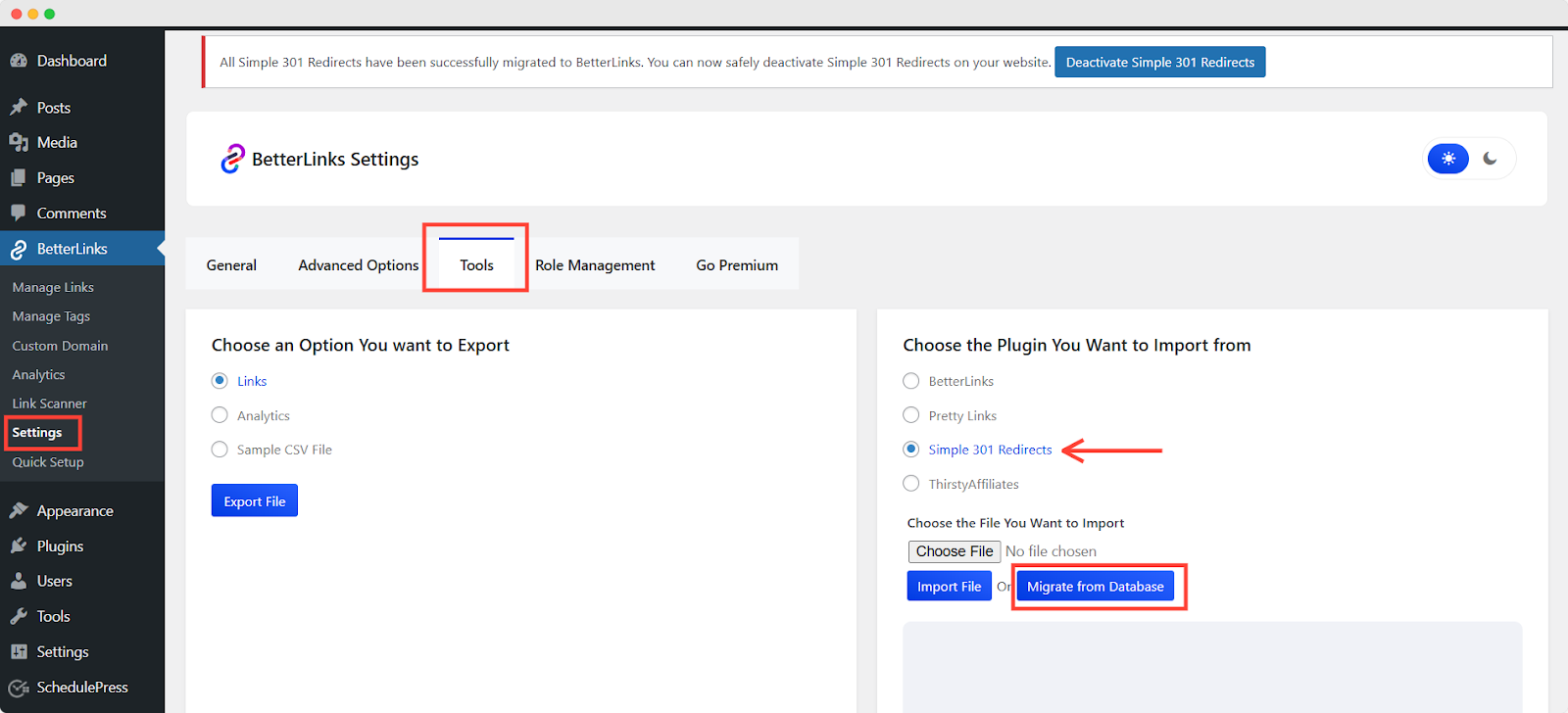 Import Simple 301 Redirects Links To BetterLinks