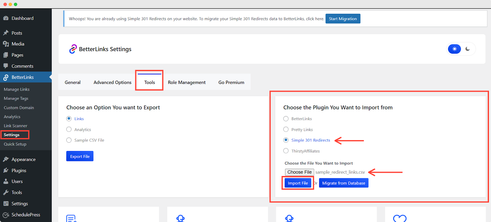 Import Simple 301 Redirects Links To BetterLinks
