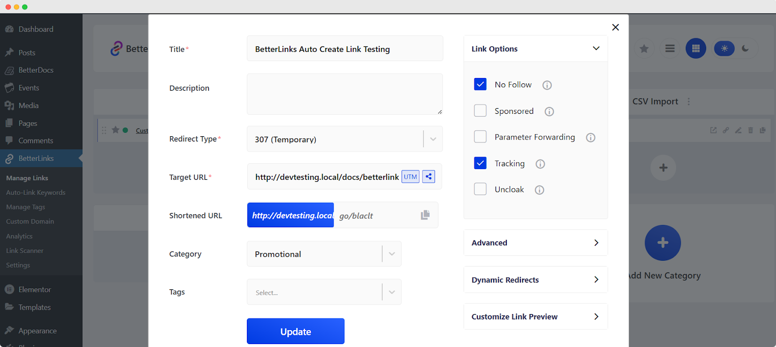 BetterLinks customization panel 