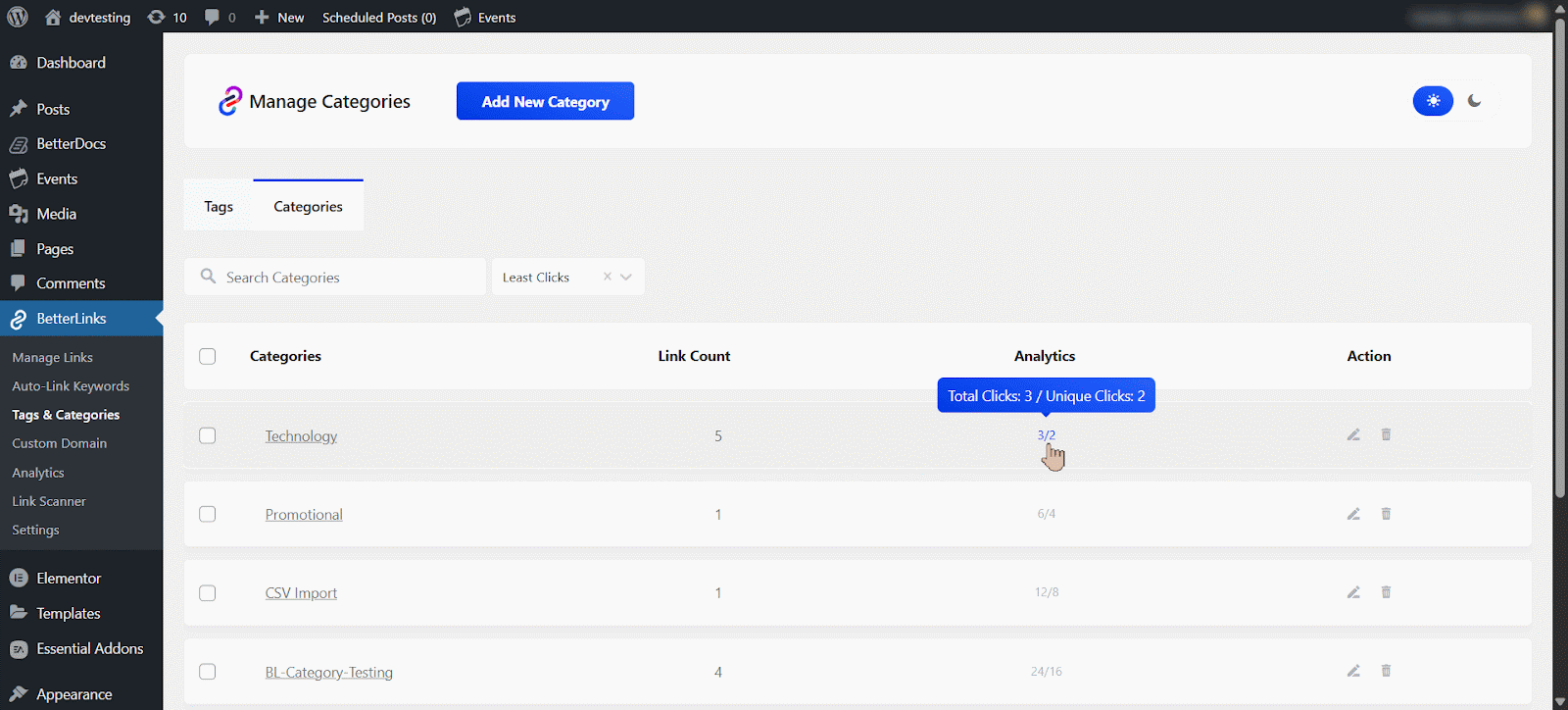 View analytics for a category
