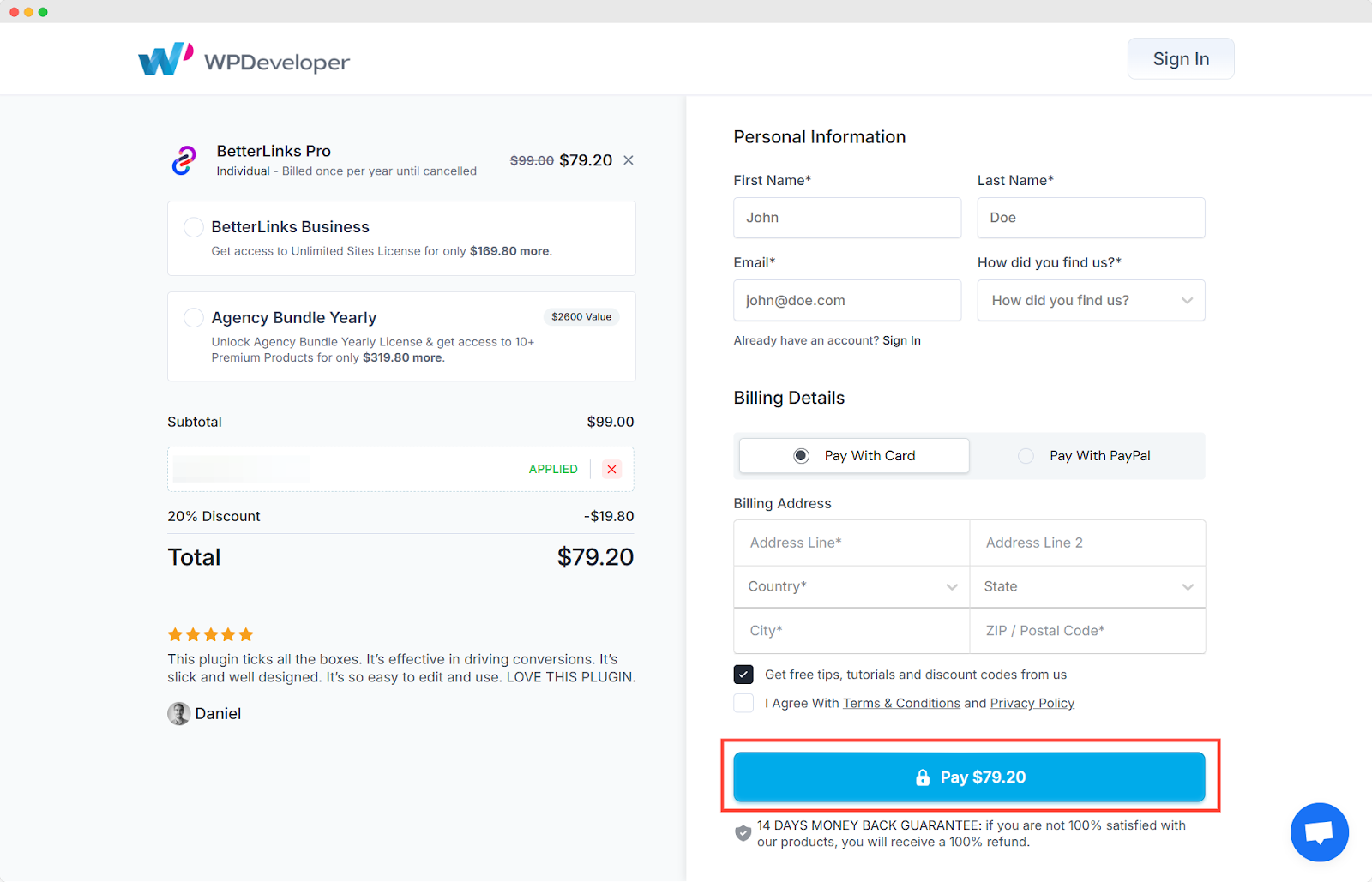 WPDeveloper Pricing Page