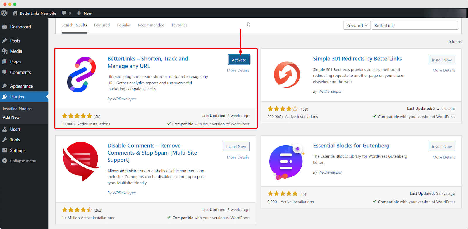 installed and activated the free version of BetterLinks
