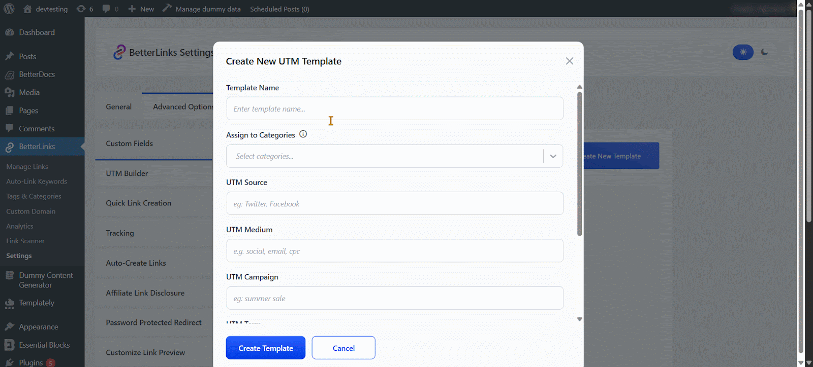 create your Dynamic UTM template with basic tracking info
