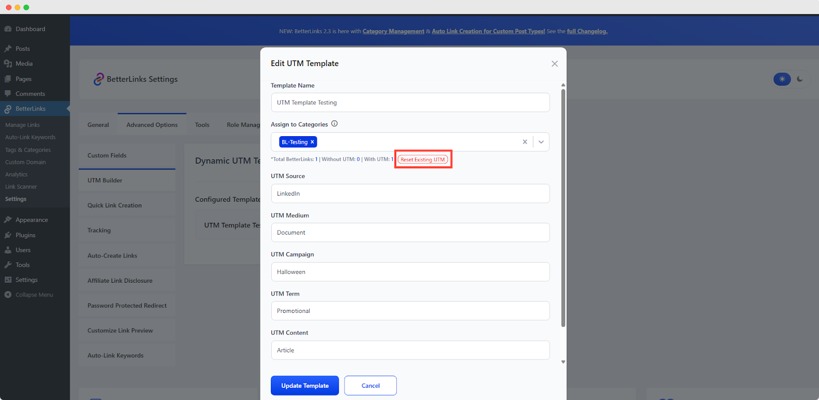 Reset Existing UTM