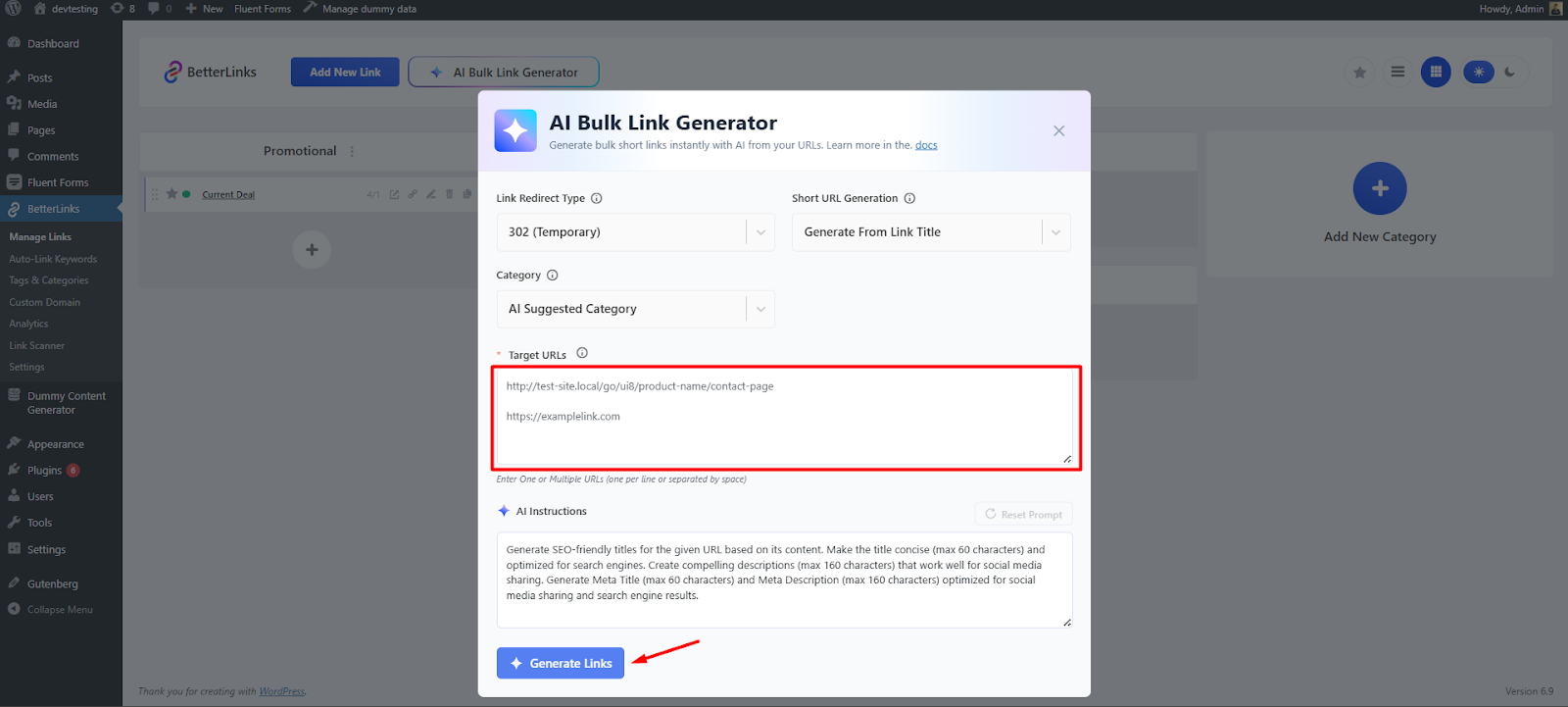 AI Bulk Link Generator in BetterLinks: How It Works 10 Target URLs