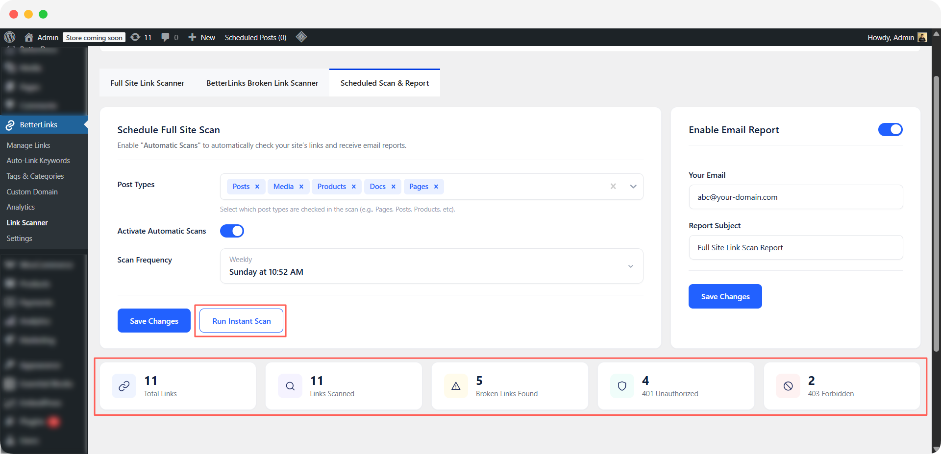 Click Run Instant Scan to check your site’s link health in real time